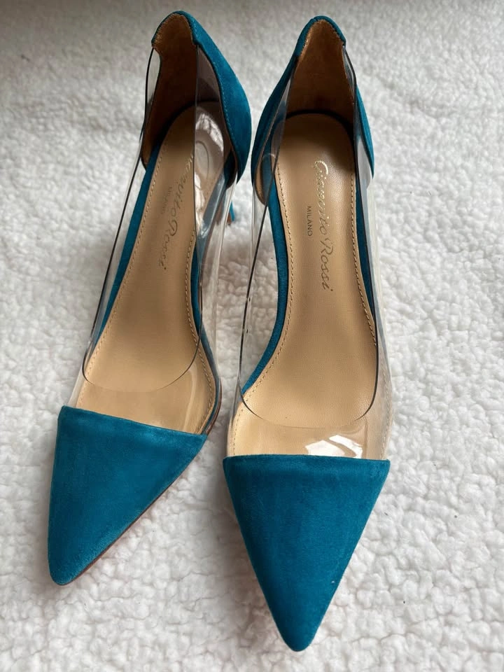 Gianvito Rossi Teal Blue Suede Plexi Heels (Size 37) - photo 2