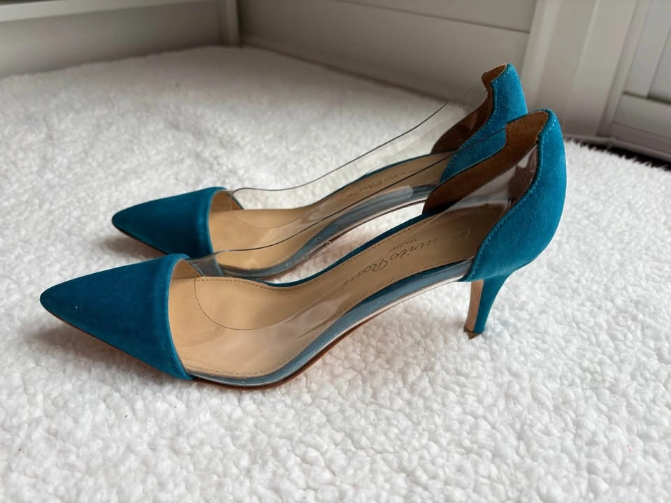 Gianvito Rossi Teal Blue Suede Plexi Heels (Size 37) - photo 3