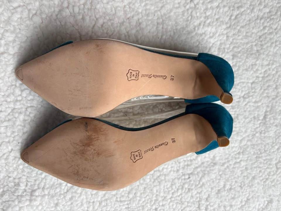 Gianvito Rossi Teal Blue Suede Plexi Heels (Size 37) - photo 5
