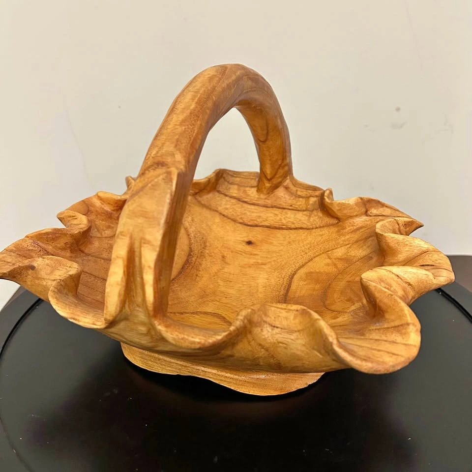 Signed Hand-Carved Monkey Pod Wood Basket – Sculptural Wavy Bowl
