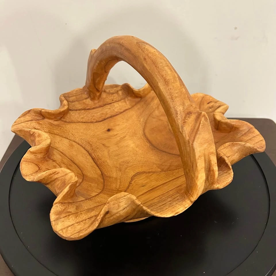 Signed Hand-Carved Monkey Pod Wood Basket – Sculptural Wavy Bowl - photo 2