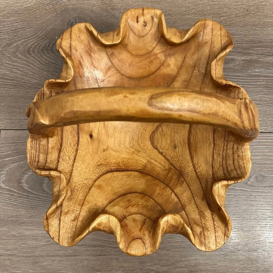 Signed Hand-Carved Monkey Pod Wood Basket – Sculptural Wavy Bowl - photo 3