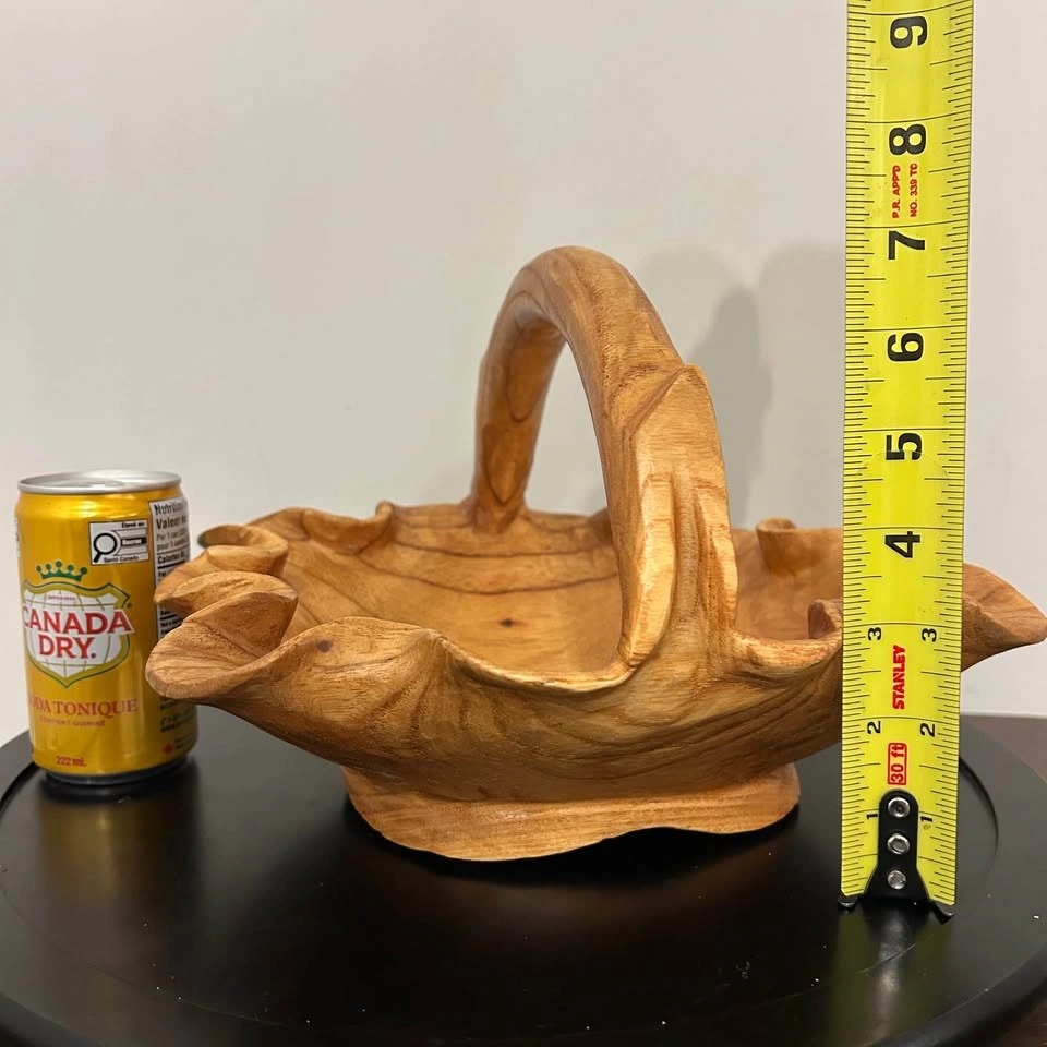 Signed Hand-Carved Monkey Pod Wood Basket – Sculptural Wavy Bowl - photo 5