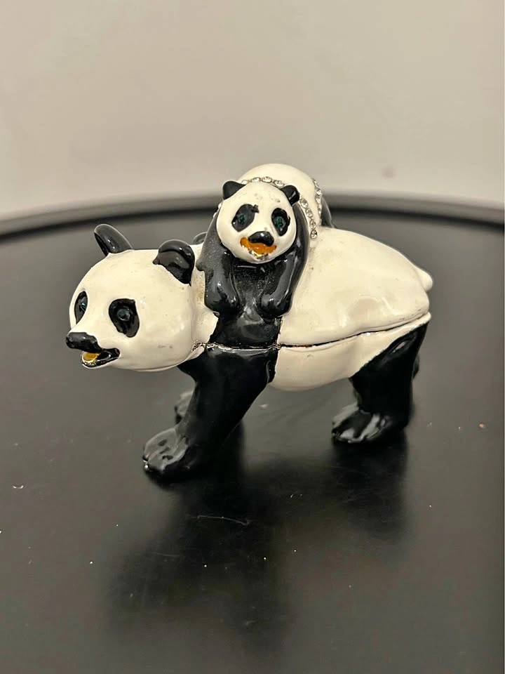Vintage Jeweled Panda & Baby Trinket Box – Enameled Metal