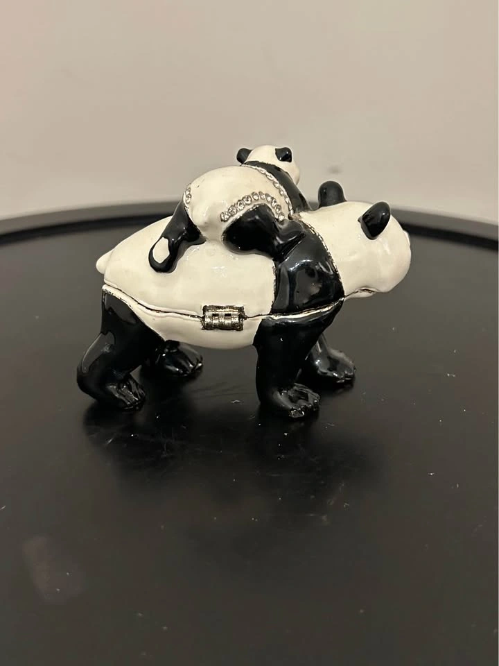 Vintage Jeweled Panda & Baby Trinket Box – Enameled Metal - photo 5