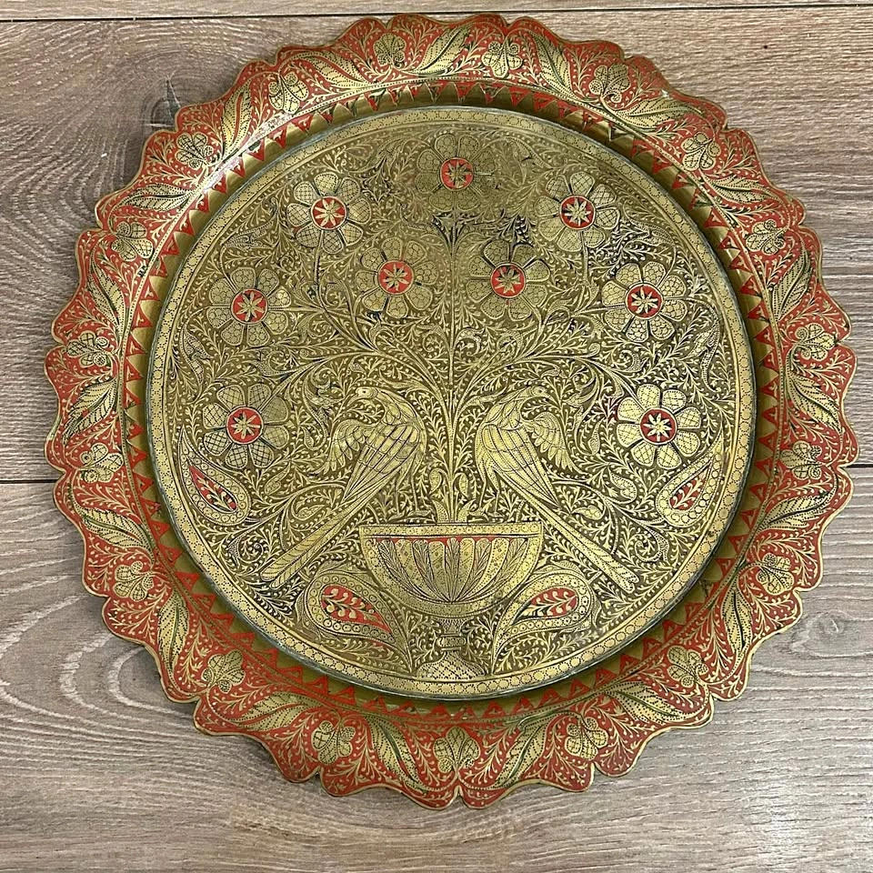 Vintage Hand-Etched Brass Wall Plaque / Tray – Peacock & Floral