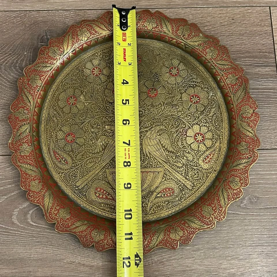 Vintage Hand-Etched Brass Wall Plaque / Tray – Peacock & Floral - photo 4