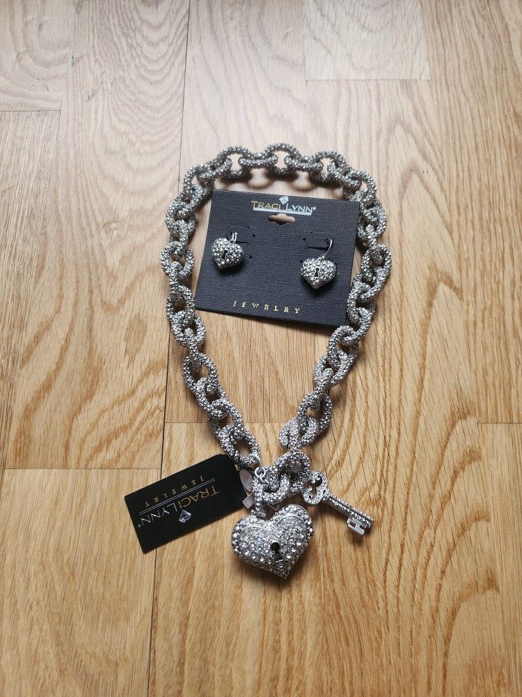Traci Lynn Rhinestone Heart Padlock Necklace with Key Charm
