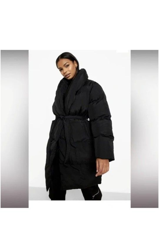 Boohoo Stone Color Plus Longline Wrap Belted Puffer