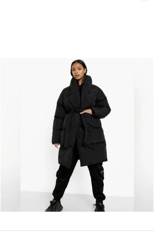 Boohoo Stone Color Plus Longline Wrap Belted Puffer - photo 4