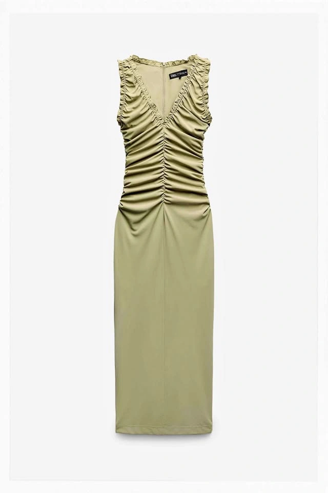 ZARA Sleeveless Ruched Midi Dress (Light Green) XS