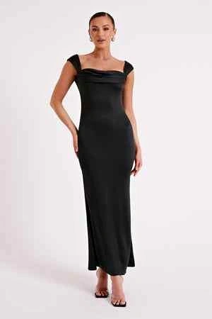 Meshki Lacey Backless Satin Maxi Dress (Black) S