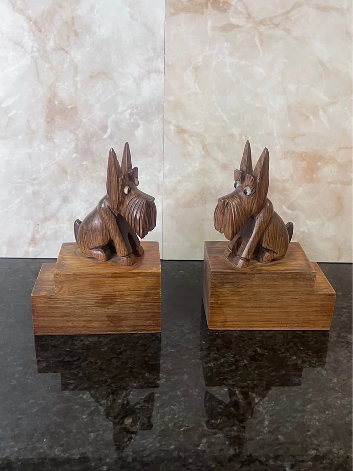 Vintage Pair Wood Handcarved Scotties Terrier Dog Bookends - photo 3