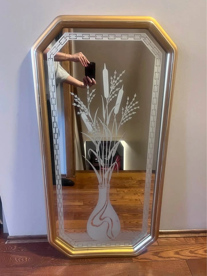 Vintage Etched Glass Mirror with Gold Frame - Art Deco Floral