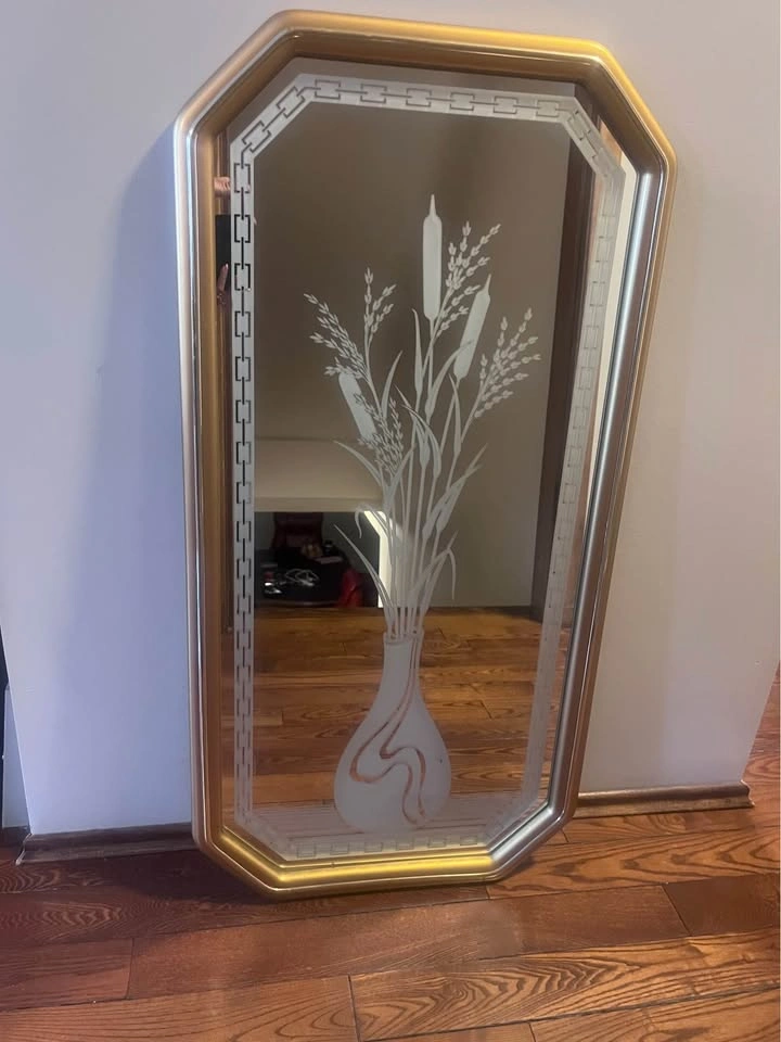 Vintage Etched Glass Mirror with Gold Frame - Art Deco Floral - photo 2