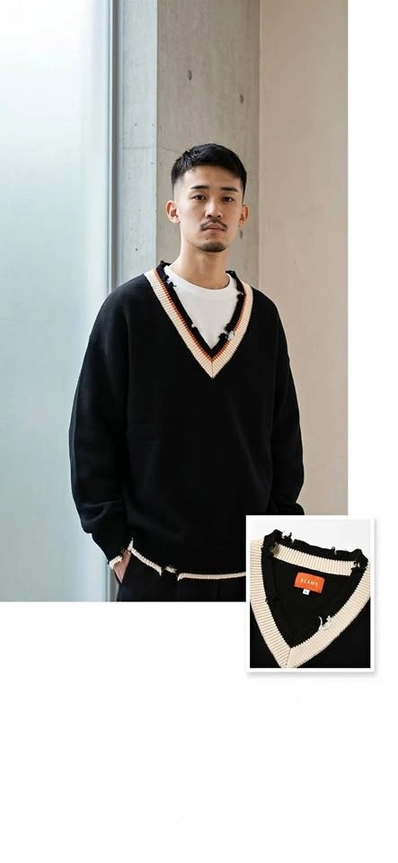 BEAMS American College Style V-Neck Sweater | Distressed Knit Ov