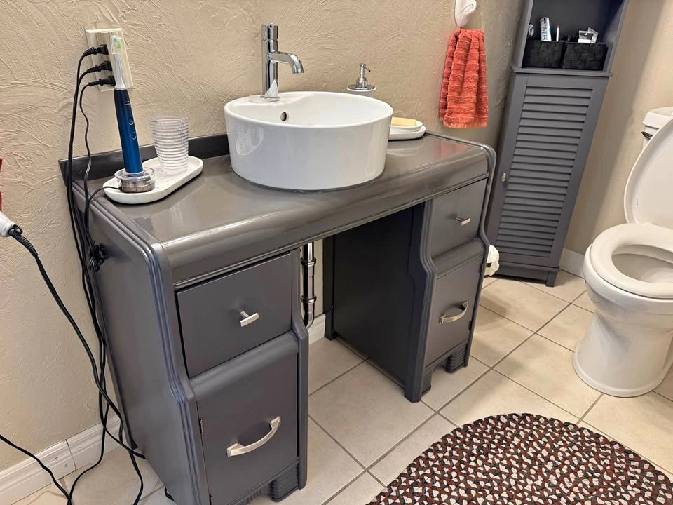 Vintage Dark Grey Vanity with Vessel Sink