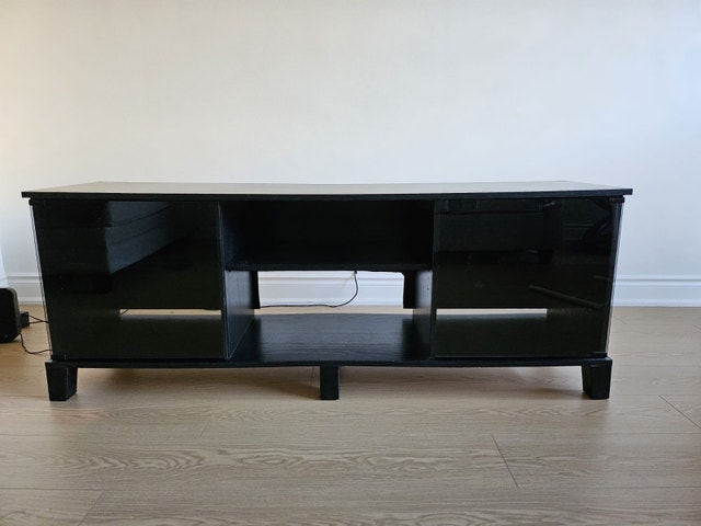 Black TV Stand with Glass Doors and Shelves