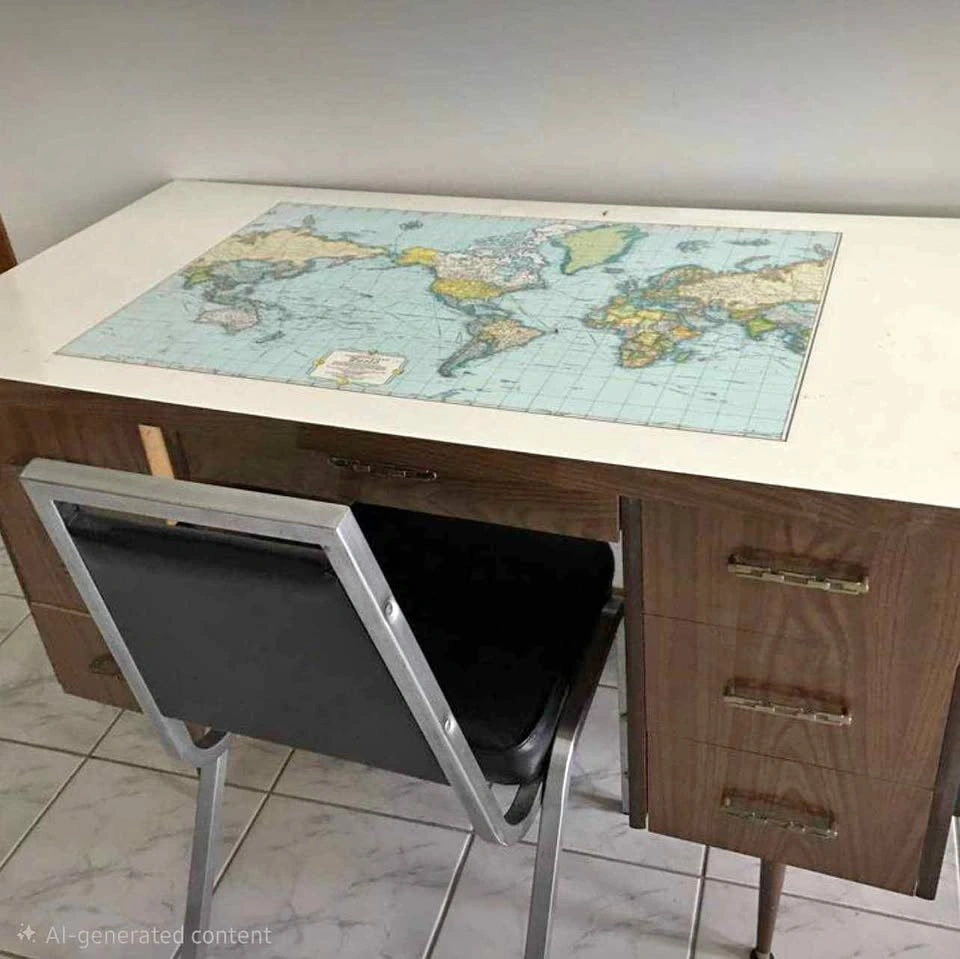 Wood Desk with World Map Top & Chair
