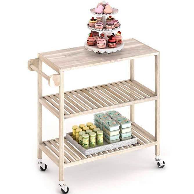 3 Tier Large Solid Acacia Kitchen Cart, Organic White