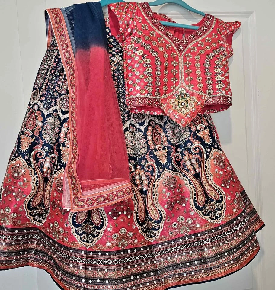 Coral Navy Mirror Work Embroidered Lehenga Choli Set, Kids 5-8
