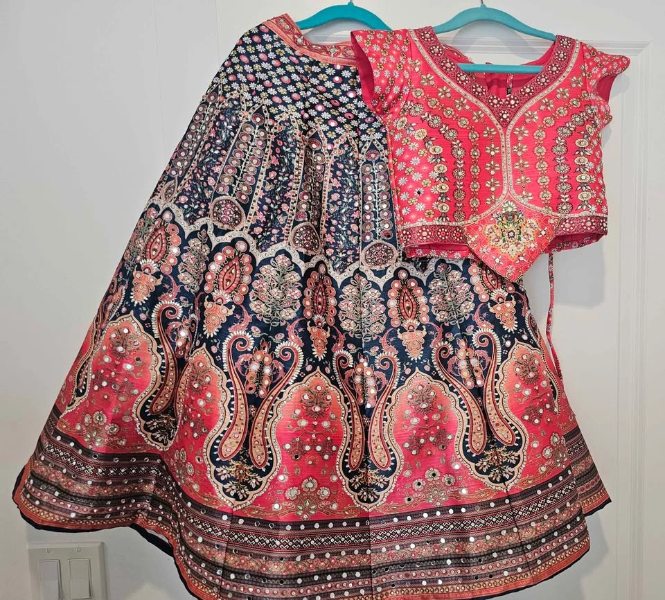 Coral Navy Mirror Work Embroidered Lehenga Choli Set, Kids 5-8 - photo 2