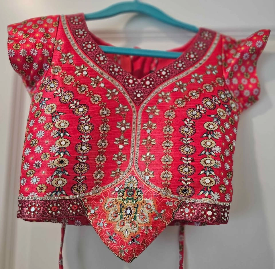 Coral Navy Mirror Work Embroidered Lehenga Choli Set, Kids 5-8 - photo 4