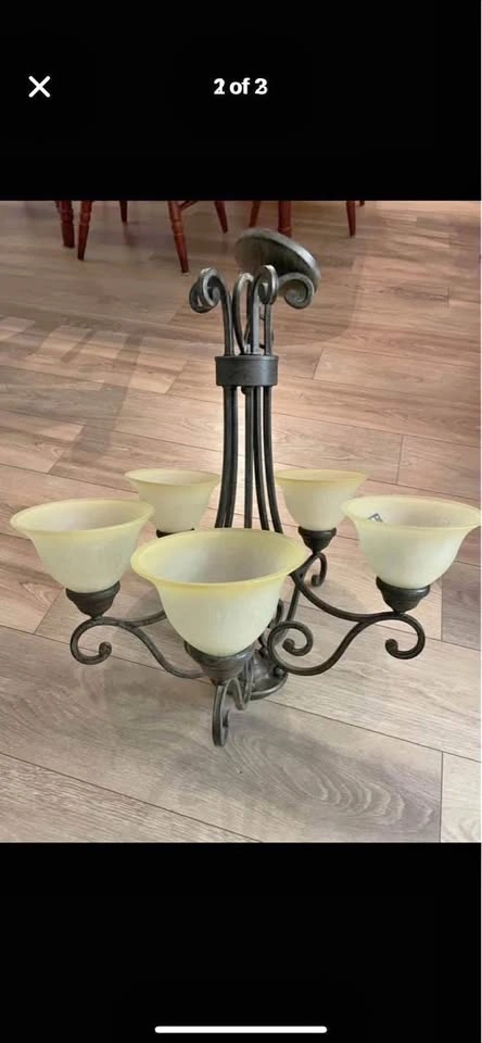 5 Light Chandelier Frosted Glass Scrolled Metal