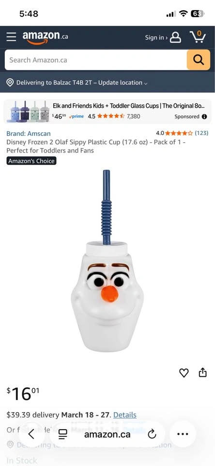 Amscan Disney Frozen 2 Olaf Sippy Plastic Cup 17.6 oz - photo 2