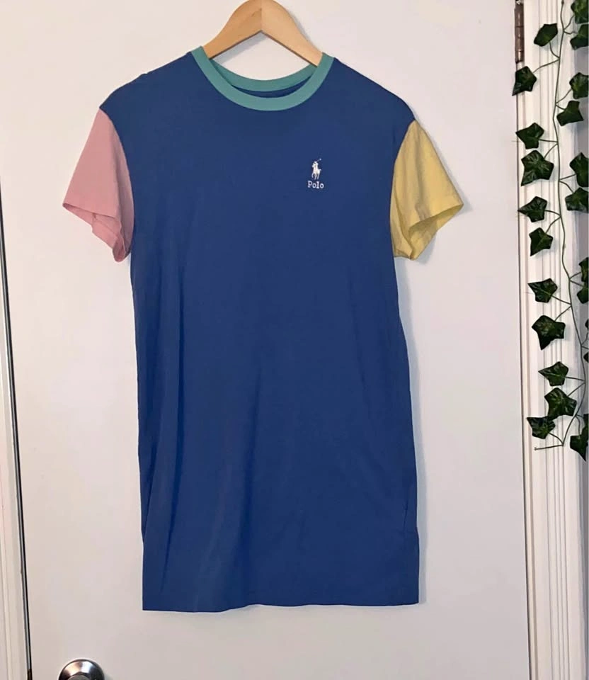 Cute Blue T-Shirt Dress with Pink and Yellow Sleeves