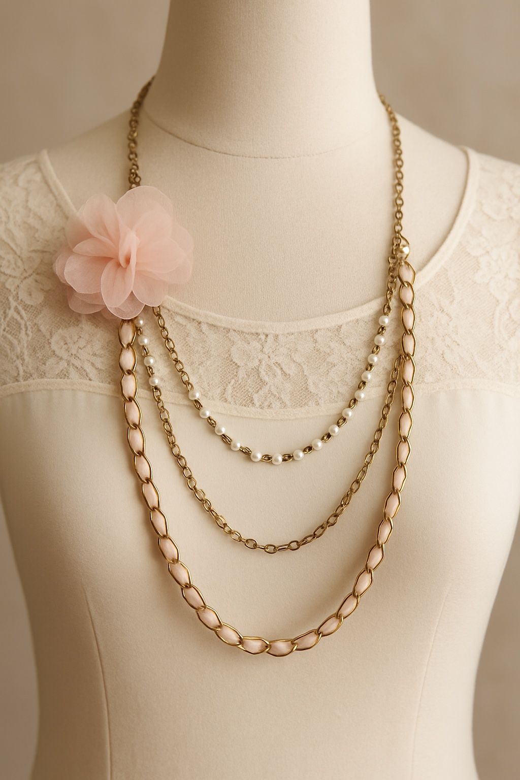 Vintage Blush Floral Chain Necklace Faux Pearls | Romantic State