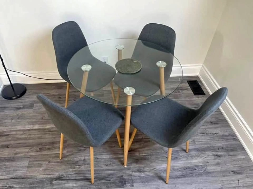 5 PCS Dining Set: Round Glass Table & 4 Fabric Chairs