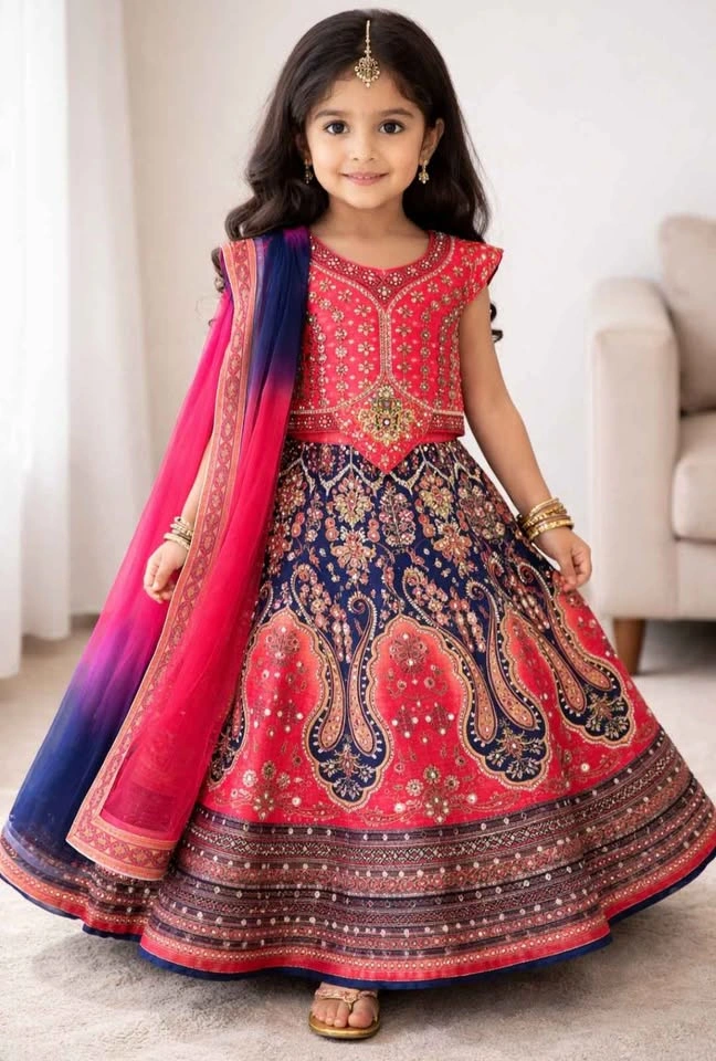 Coral Navy Mirror Work Embroidered Lengha Choli Set, Kids 5-8