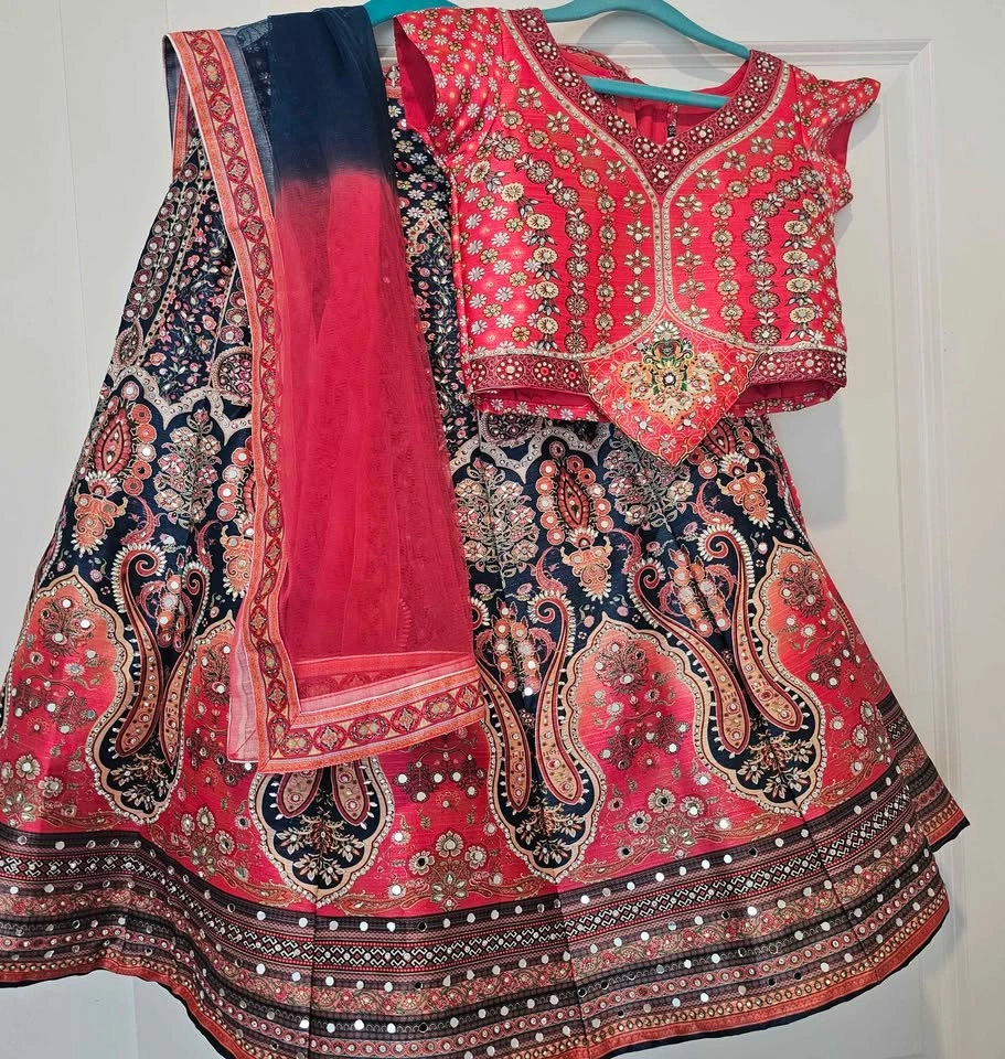 Coral Navy Mirror Work Embroidered Lengha Choli Set, Kids 5-8 - photo 2