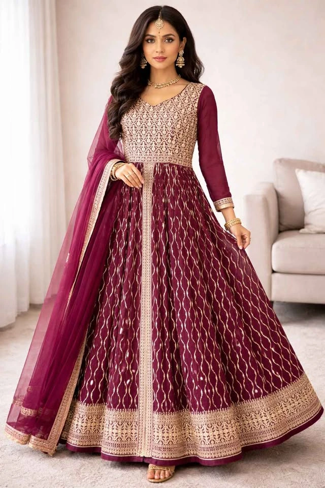 Purple/Maroon Georgette Sequin Embroidered Anarkali Suit