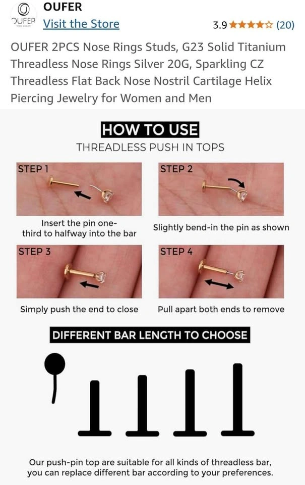 Flatback Threadless Titanium Nose Studs 20G - photo 4