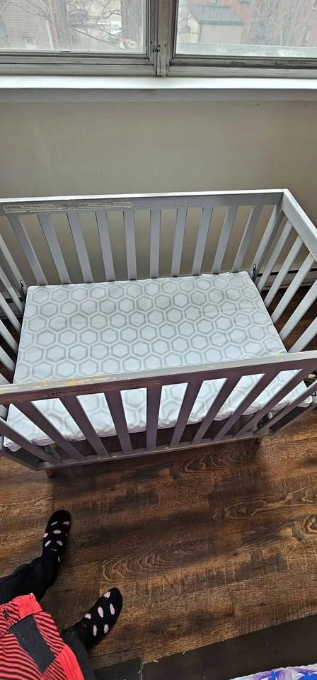 Gray Baby Crib with Mattress