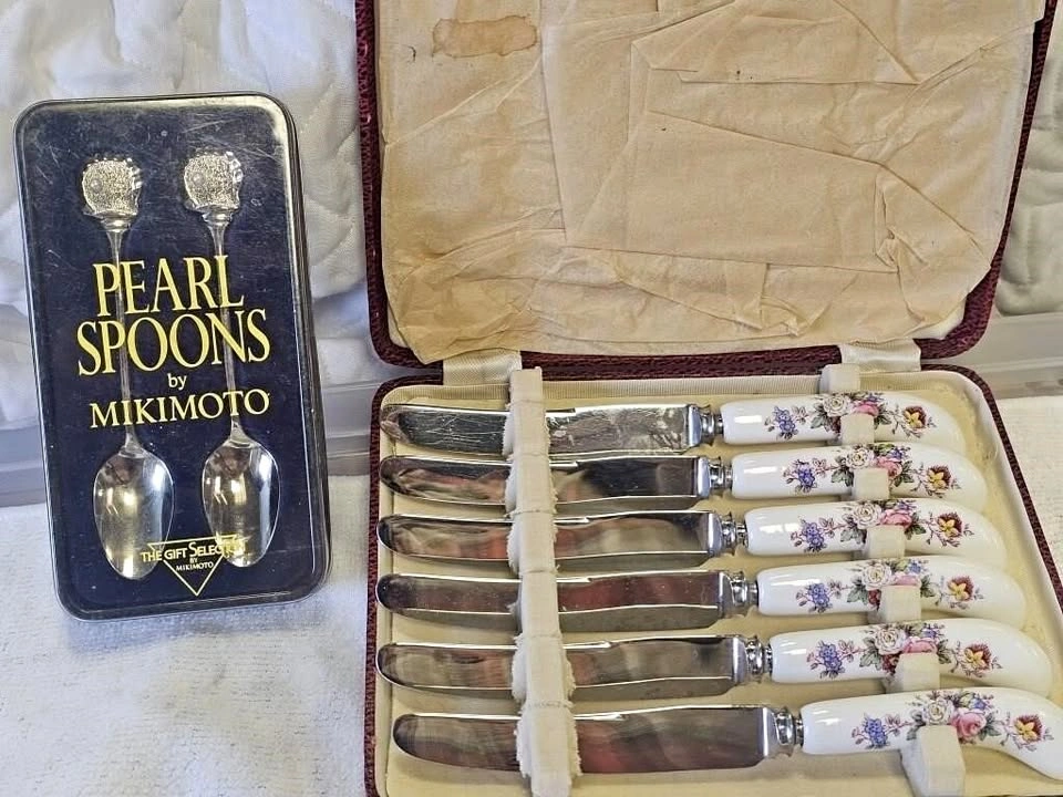 Vintage Mikimoto Pearl Spoons & Royal Crown Derby Butter Knives