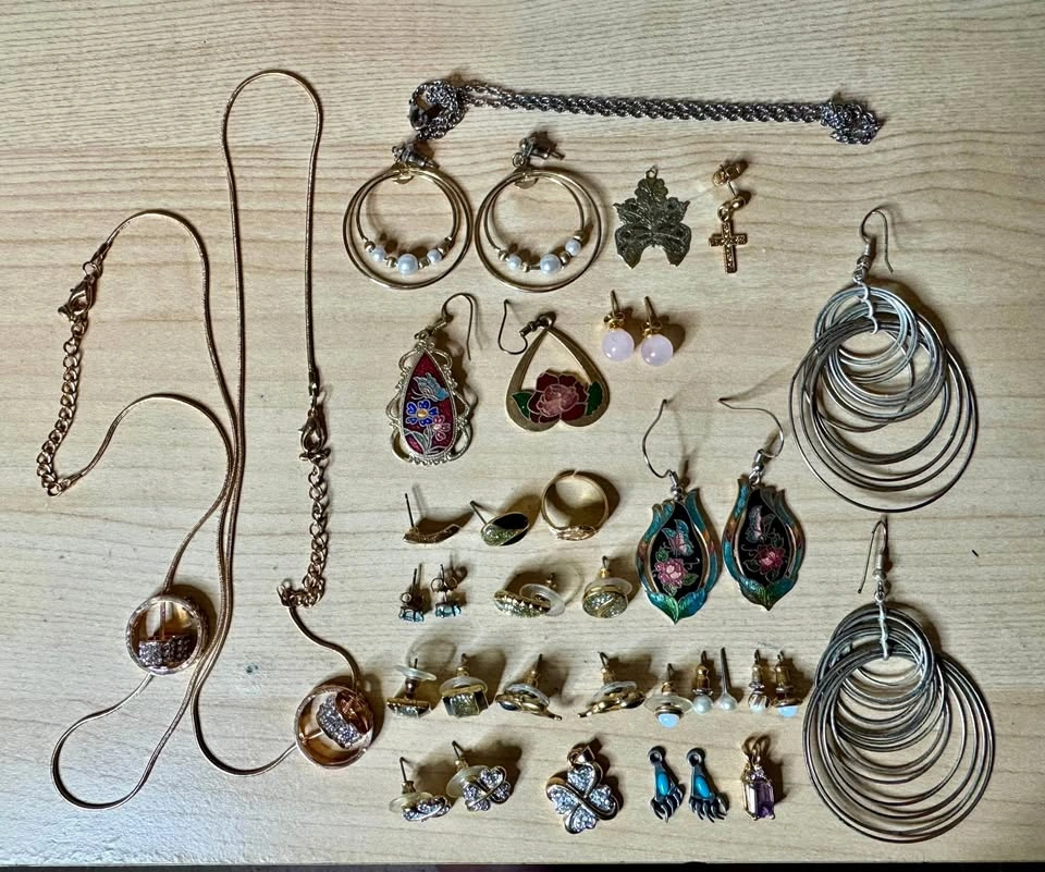 Earrings and necklaces all for one price.