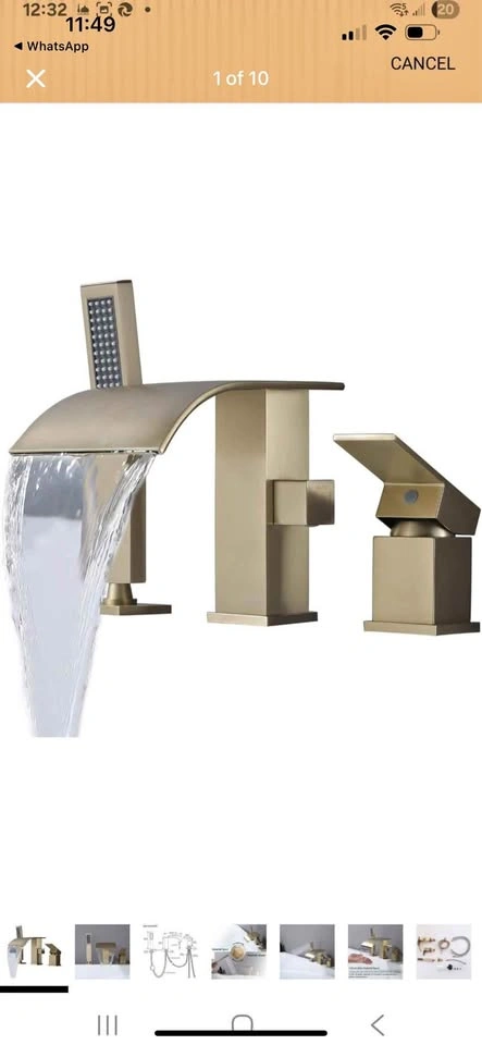 GOLD WATHELS Waterfall Tub Faucet w/ Hand Shower 3-Hole