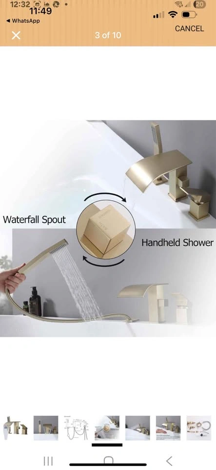 GOLD WATHELS Waterfall Tub Faucet w/ Hand Shower 3-Hole - photo 3
