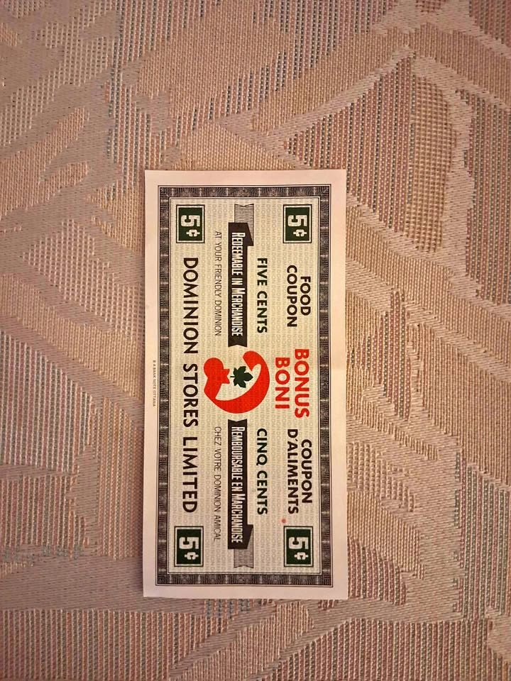 Vintage late 1960's Dominion Stores Limited 5 Cent Food Coupon