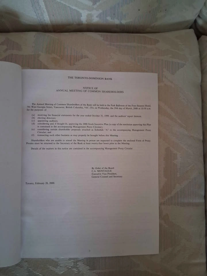Vintage 2000 TD Bank Notice of Annual Meeting - photo 2