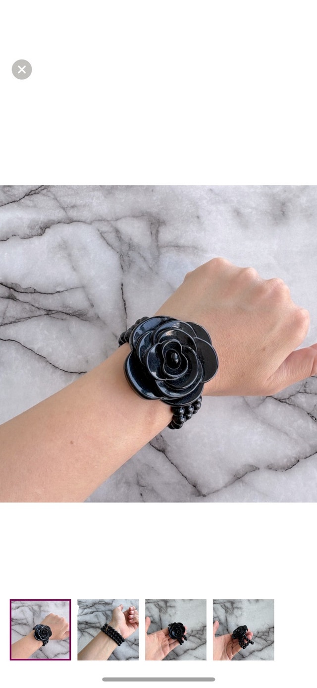 Black Beaded Bracelet with Flower Accent