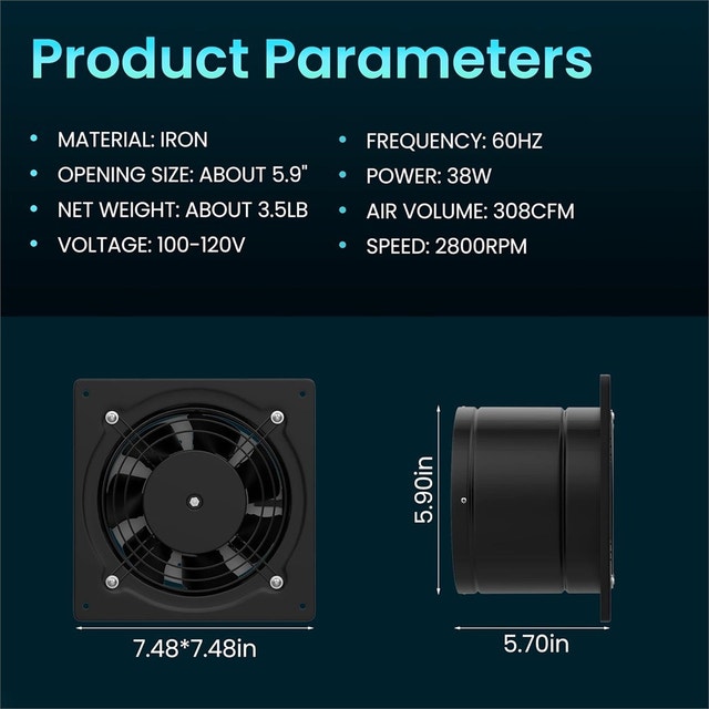 6 Inch Exhaust Fan, 308CFM Through Wall Fan - photo 3