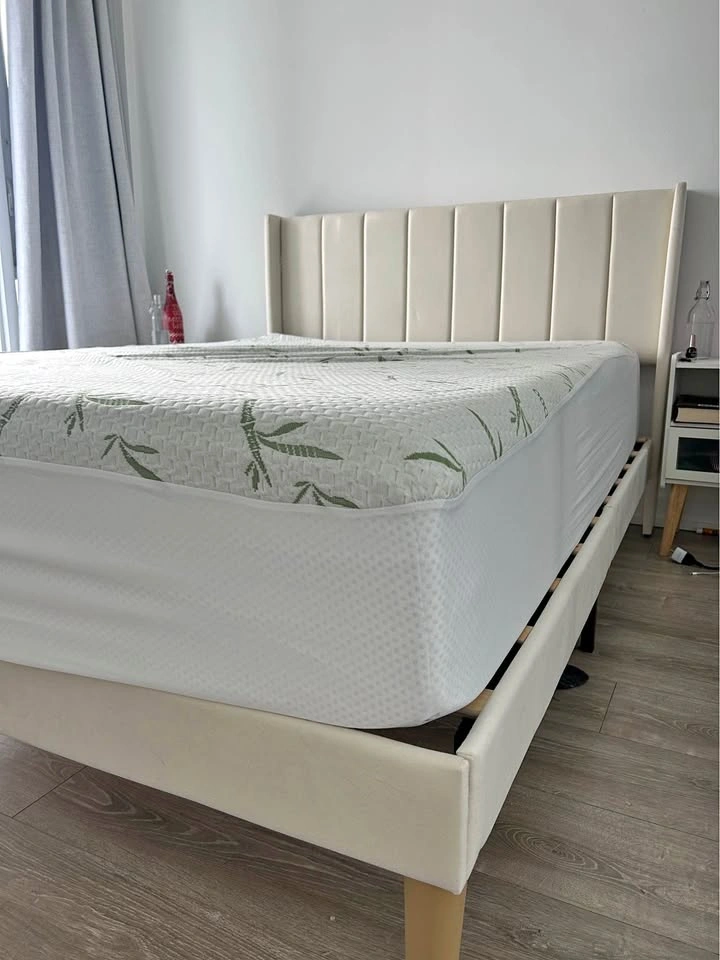Cream Upholstered Bed Frame and Zinus 12" Cooling Mattress