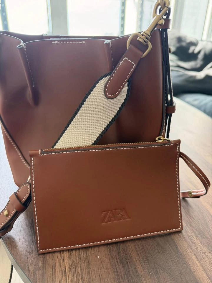 Zara Tan Leather Bucket Bag w/ Strap & Pouch - Like New - photo 3
