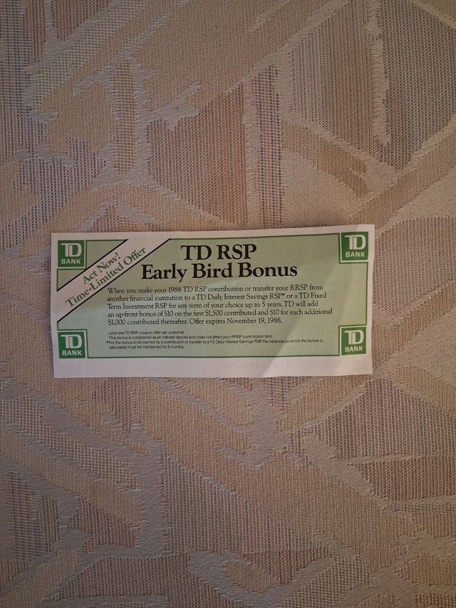 Vintage 1988 TD Bank RSP Early Bird Bonus Coupon