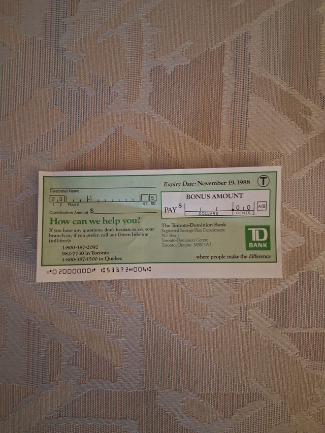 Vintage 1988 TD Bank RSP Early Bird Bonus Coupon - photo 2