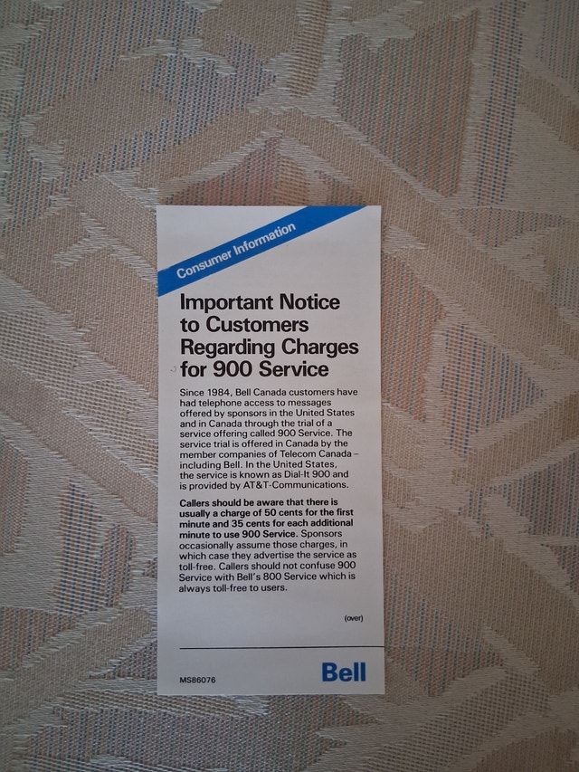 Vintage 1986 Bell Canada "900 Service" Notice Flyer